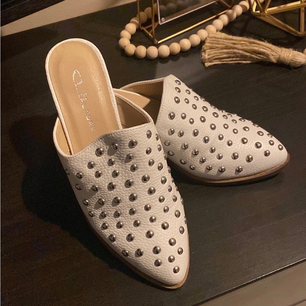 White leather studded mules!
